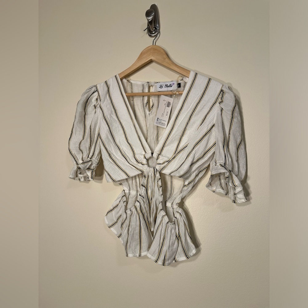 Lu Bella CUT OUT CROP TOP W/ STRI IVORY MULTI comfy Peplum Shirt Size Small